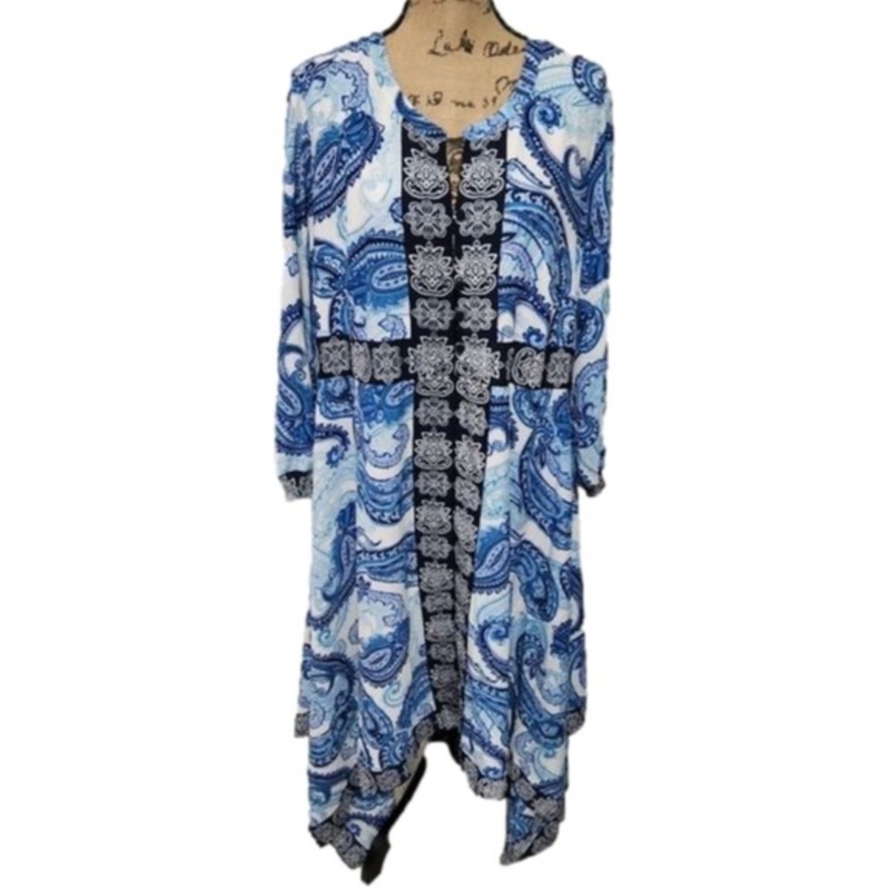 Roamans Blue Paisley Floral Sharkbite Midi Dress Plus Sz 22W Long Sleeve‎ V-Neck